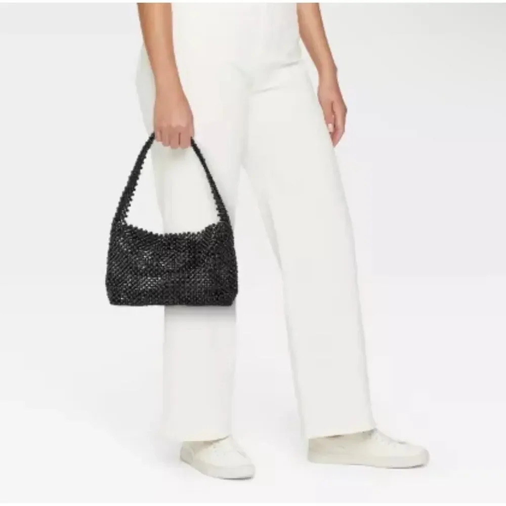 A New Day Black Beaded Handbag – Chic Shoulder Purse with Snap Closure